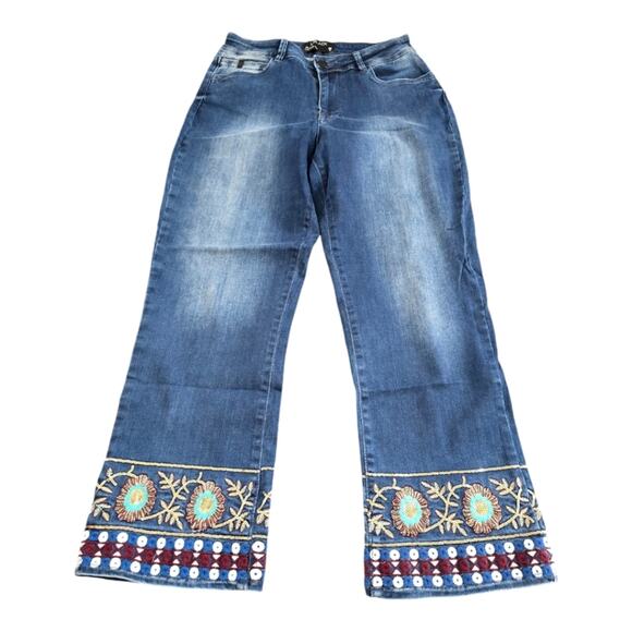 Embroidered Hem Jeans Blue‎ Denim Pants Floral Bohemian Women's - Picture 4 of 8